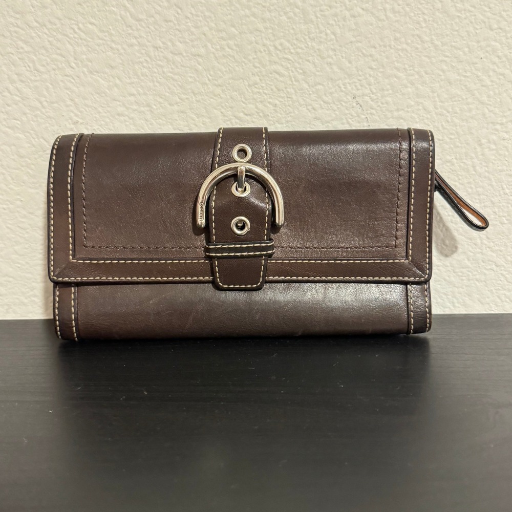 Vintage Coach Soho Brown Leather Buckle Checkbook Wallet Wristlet Y2K